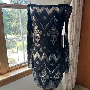 Express Black and Silver Geometric Long Sleeve Dress (NWT)